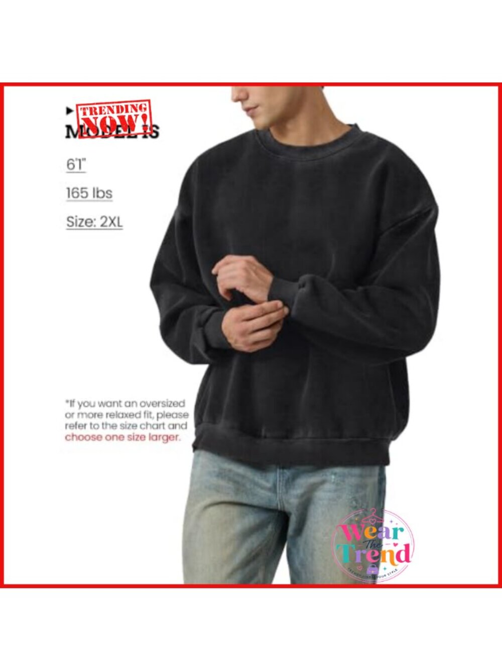 Acid Wash Crewneck Sweatshirt Oversized Fleece Heavyweight Cotton Pullover - Picture 2 of 6